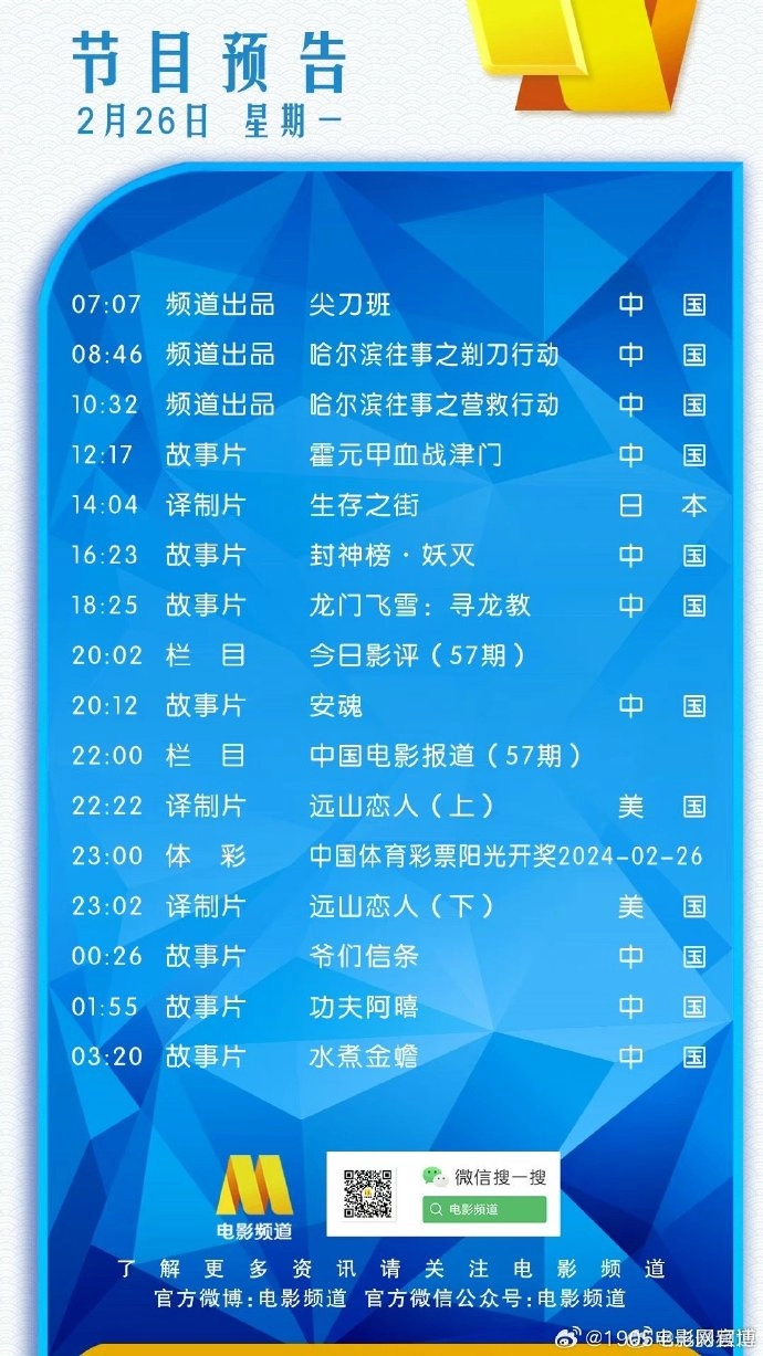 电影频道节目表2024年2月26日节目表：今日重点推荐《哈尔滨往事之剃刀行动》