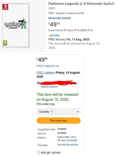 亚马逊或泄露《宝可梦传说Z-A》将于8月15日发售